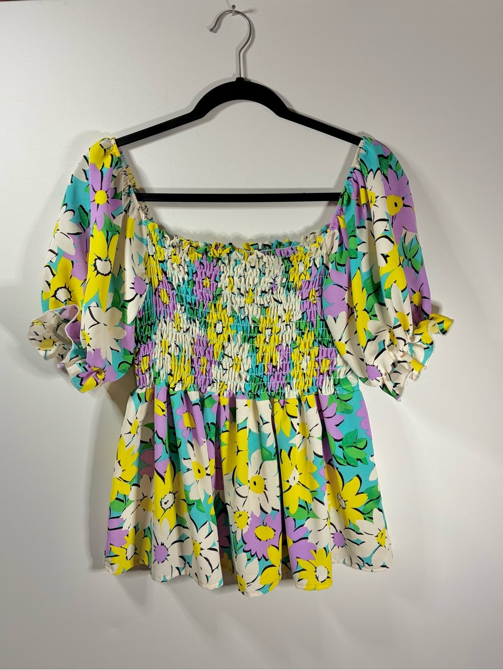 BIBI Floral Smocked Babydoll Top Medium Puff Sleeve Cottagecore Colorful